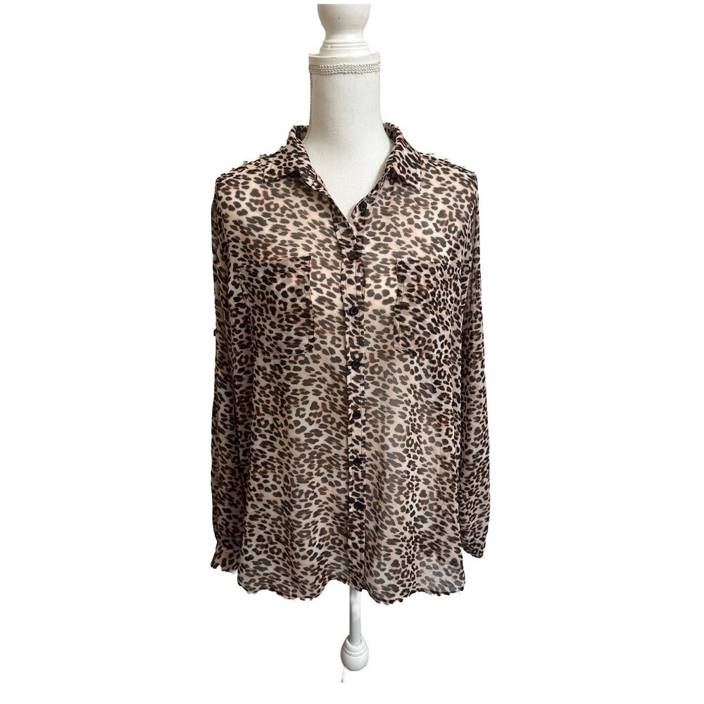 Victorias Secret Shirt Women's S Leopard Print Sheer Roll Tab Sleeve Button Down